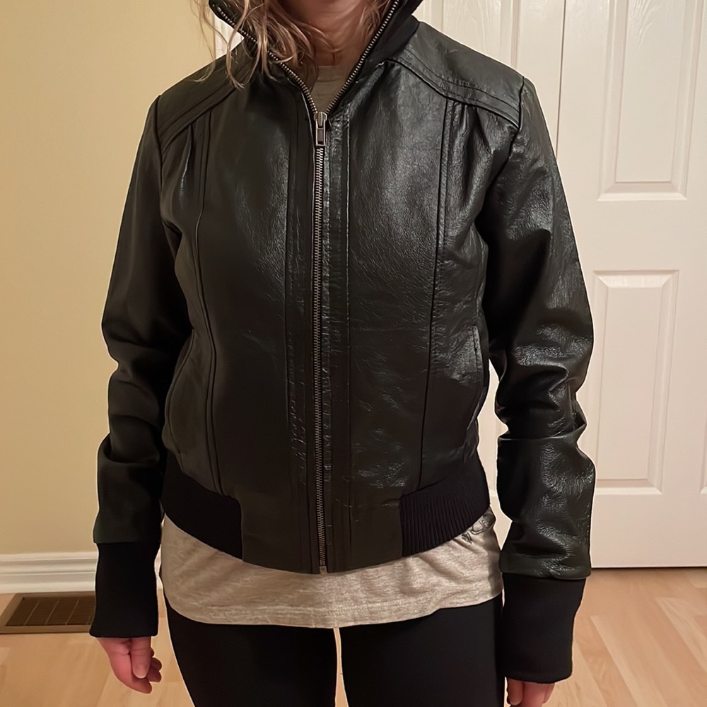 TEX by MaxAzria black leather bomber jacket, size S
